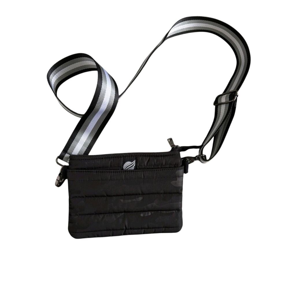 Think Royln Quilted Black Camo Crossbody Purse Luxe Striped Strap.Sportif Luxury